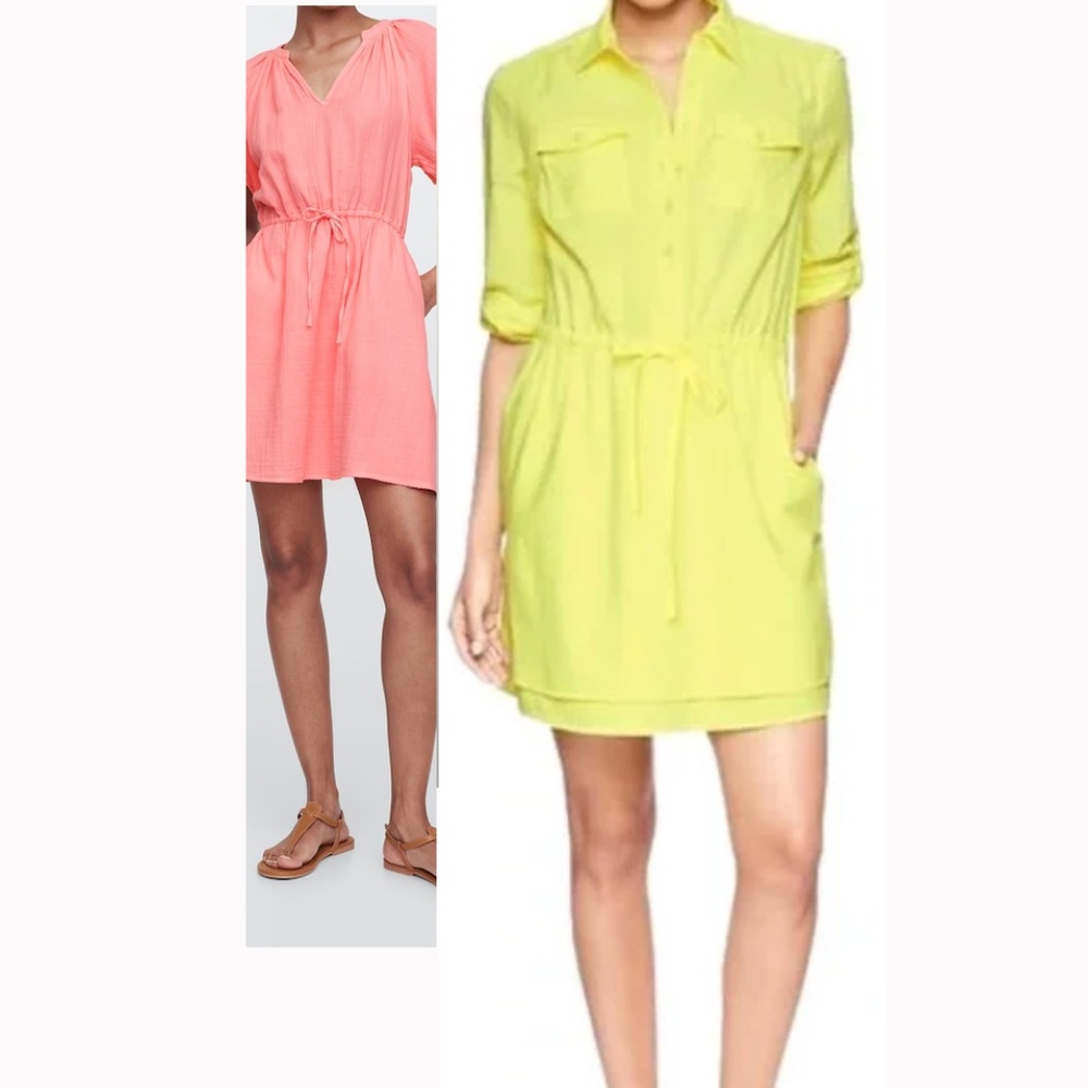 GAP Neon Orange Shirt Dress 3/4 sleeve roll sleeve sz S Tall 100% cotton